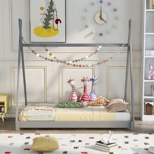 PAGED Twin Size Floor Bed with Triangle Structure, Tent-Shaped Modern Sturdy Metal Bed Frame for Bedroom, Easy Assembly - 1 of 4