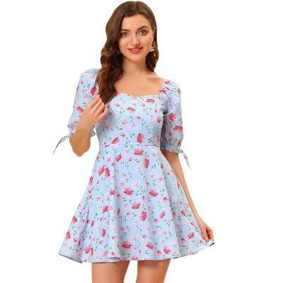 Allegra K Women's Floral Printed Sweetheart Neck Puff Sleeve A-Line Mini Dress