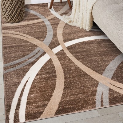 Brown and Beige Abstract Circles Design Area Rug 8'8" x 12'