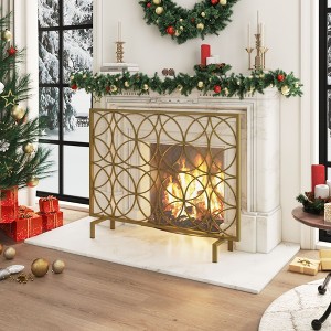 Famapy Gold Geometric Iron Fireplace Screen Classic & Modern Fireplace Guard Fire Door Heat-Resistant Mesh Decorative & Protective - 1 of 4