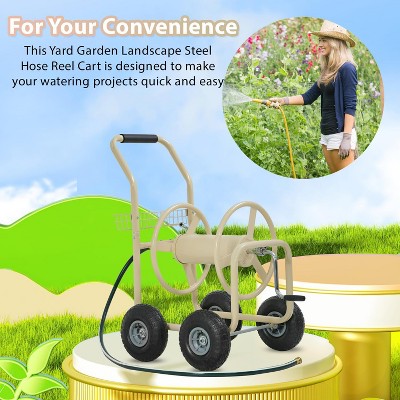 Tan Heavy Duty Metal Outdoor Hose Reel Cart with Storage Basket