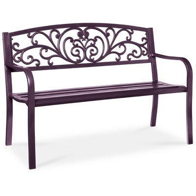 Best Choice Products Outdoor Steel Bench Garden Patio Porch Furniture w/ Floral Design Backrest - Purple