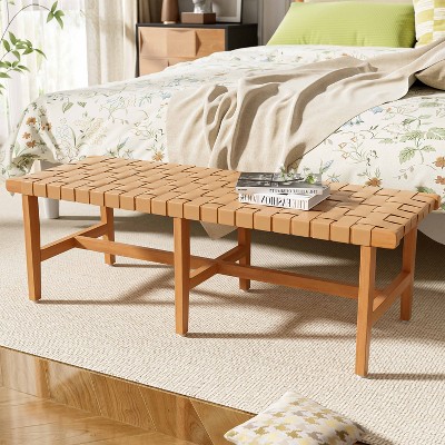 Airsurfer Stylish Acacia Wood Bedroom Bench with Woven PU Leather Seat