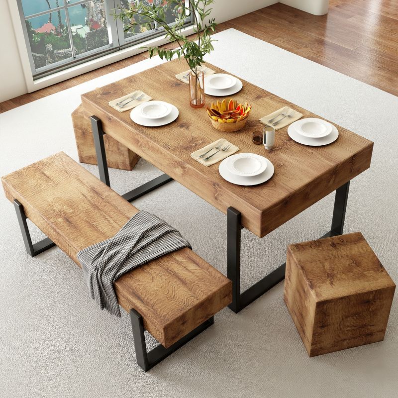 4/3-Piece Dining Table Set for 4-6 People, 59" Kitchen Table Set with Bench, Natural Wood Wash 4M - ModernLuxe, 1 of 15