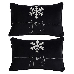 Whisen Velvet Pillow with Embroidered Joy and Frosty Snowflake, Christmas Halloween Holiday Decor, Set of 2 - Black & White - 1 of 4