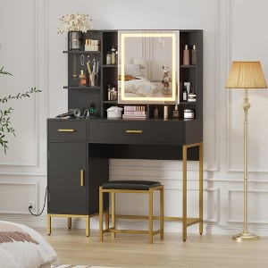 Makeup Vanity Desk with Mirror and Lights, Makeup Vanity Table with Drawers, Open Shelves, Cabinets, Dressing Table with Cushioned Stool for Bedroom - 1 of 4