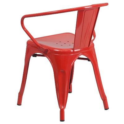 Vibrant Red Steel Slat-Back Indoor-Outdoor Dining Chair with Arms
