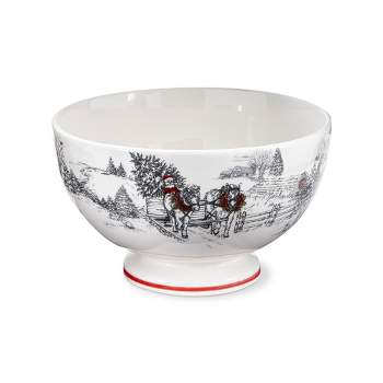 tag "Farmhouse Christmas" Collection Earthenware White Pedestal Bowl Featuring Farm House Winter Scene, 10.0L x 10.0W x 6.1H in.