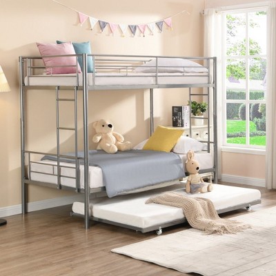 NicBex Twin Over Twin Bunk Bed,Metal Bunk Beds with Ladder and Trundle,Bunk Bed Frame for Adults,Kids,Box Spring Not Required,Silver