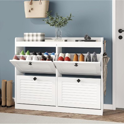 4-Drawer Shoe Storage Cabinet - Narrow Freestanding Organizer w/Wooden Legs for Hallway, Bedroom, Living Room