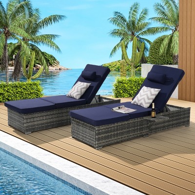 Outdoor Patio Lounge Set, Tanning Lounges with Adjustable Backrest and Cushions, Patio Pool Chairs Tanning Lounges with Storage-Coolbibila