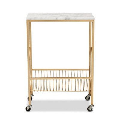 Gold Metal Wine Cart with Marble Top and Storage