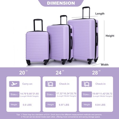 Vynxaria 3-Piece Lavender Purple ABS Lightweight Luggage Set 20/24/28" with Two Hooks Spinner Wheels TSA Lock