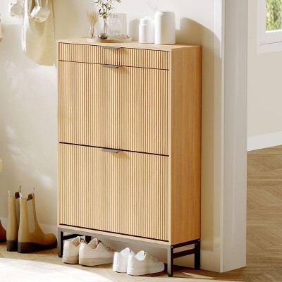 Narrow Shoe Storage Organizer with 2 Flip Drawers & Top Drawer – Farmhouse Freestanding Hidden Shoe Rack Cabinet for Entryway, Hallway