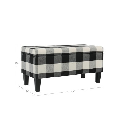 Elegant Black and White Plaid Upholstered Storage Bench with Tapered Legs