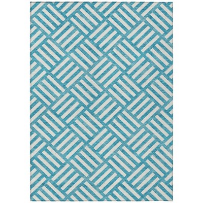 Teal Blue And Ivory Geometric Washable Indoor Outdoor Area Rug