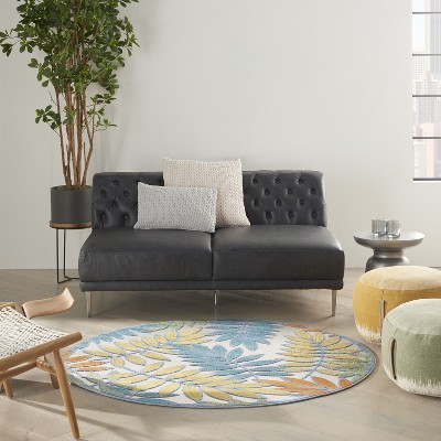 Ivory Multi Floral Round Synthetic Outdoor Rug
