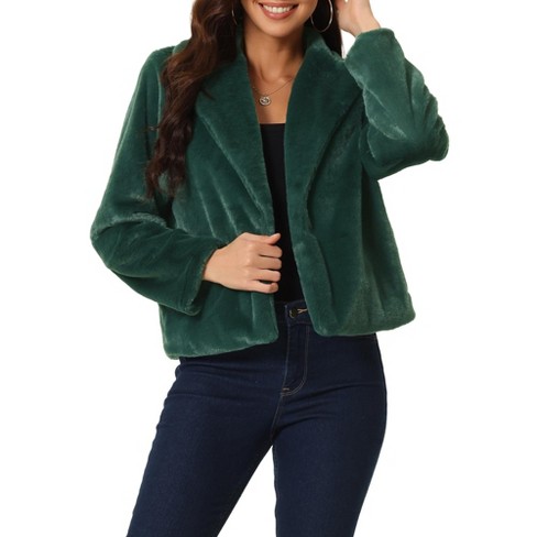 Women Green Fur Contrast Tape Detail Jacket