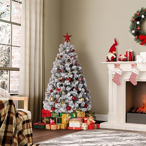 4.5/6/7.5/9 ft Flocked Artificial Christmas Tree, Prelit with LED Lights, 8 Lighting Modes, Easy Foldable Stand, Foot Pedal, Holiday Decor - 1 of 4