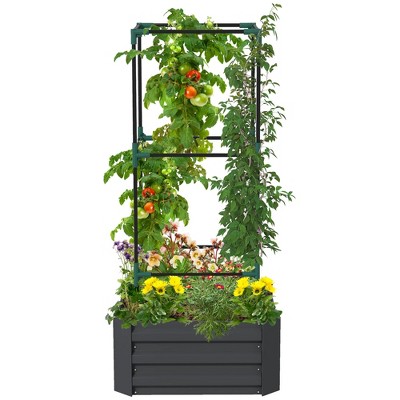 Outsunny Raised Garden Bed, 24" x 24" x 11.75" Galvanized Planter Box w/ Tomato Cage, Open Bottom for Climbing Vines