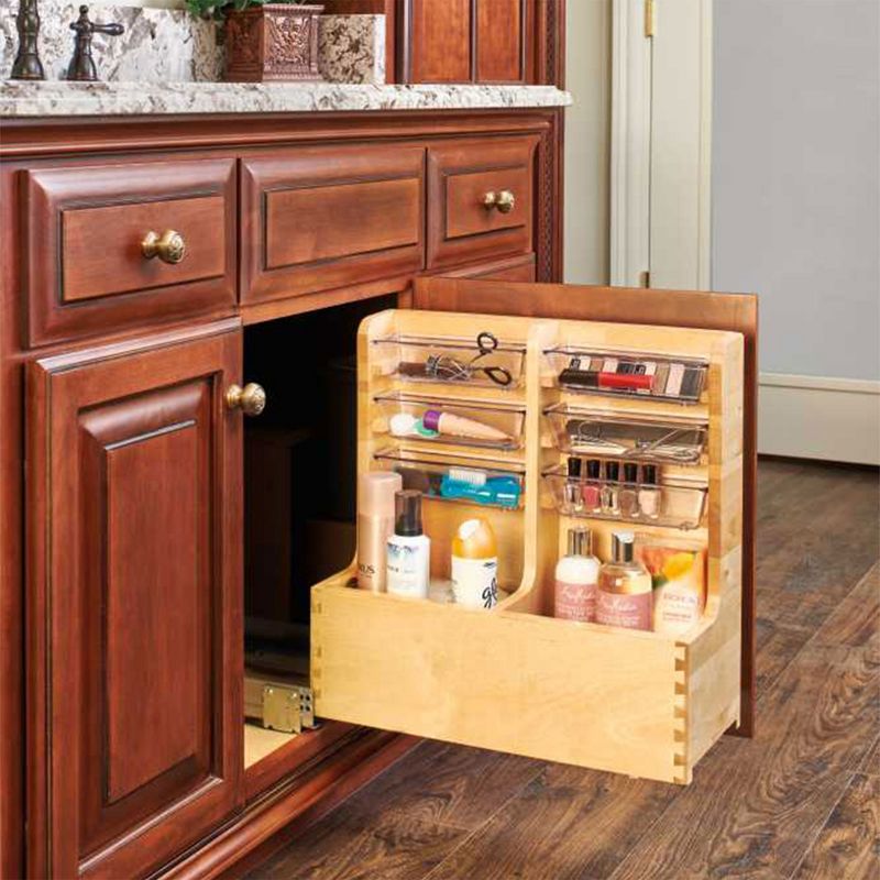 Rev-A-Shelf Floor Mount L Shaped Wood Sink Vanity Cabinet Base Storage Organizer with Soft Close Slides and Bins, 4 of 9