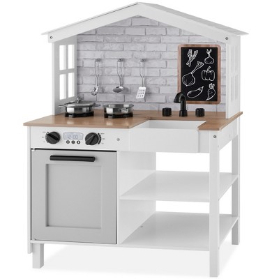 Best Choice Products Pretend Play Wooden Farmhouse Kitchen Set w/ Storage, Clicking Knobs, 5 Accessories