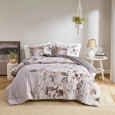 Lilac Floral Cotton King/Cal King Duvet Cover Set