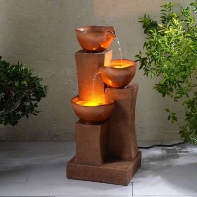 Brown Polyresin 3-Tier Cascading Outdoor Water Fountain with LED Lights