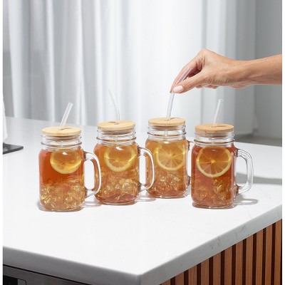 16 oz Glass Mason Jar Tumblers with Bamboo Lids and Straws, Set of 4