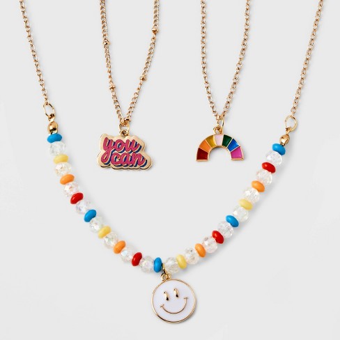 Girls' 3pk Mixed Layered Necklace Set With Rainbow And Smiley Face