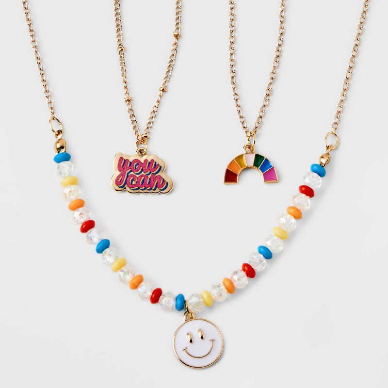Girls&#39; 3pk Mixed Layered Necklace Set with Rainbow and Smiley Face Charms - Cat &#38; Jack&#8482;, 1 of 5