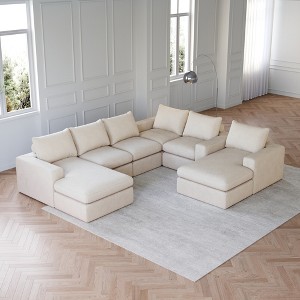 Oversized Corduroy Cloud 6-Module Sectional Sofa with Chaise, U-Shaped Modern Upholstered Sofa, Neck Pillows, High-Density Foam, No Assembly Needed - 1 of 4