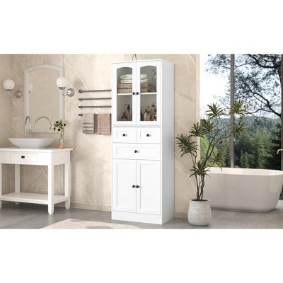 Akoasm MDF Tall Bathroom Storage Cabinet With Drawers, Doors And Adjustable Shelf-White