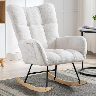 Aukfa Soft Teddy Fabric Rocking Chair w/Pocket - Ergonomic Nursery Glider, Solid Wood Base, 250LB Capacity for Living Room & Bedroom