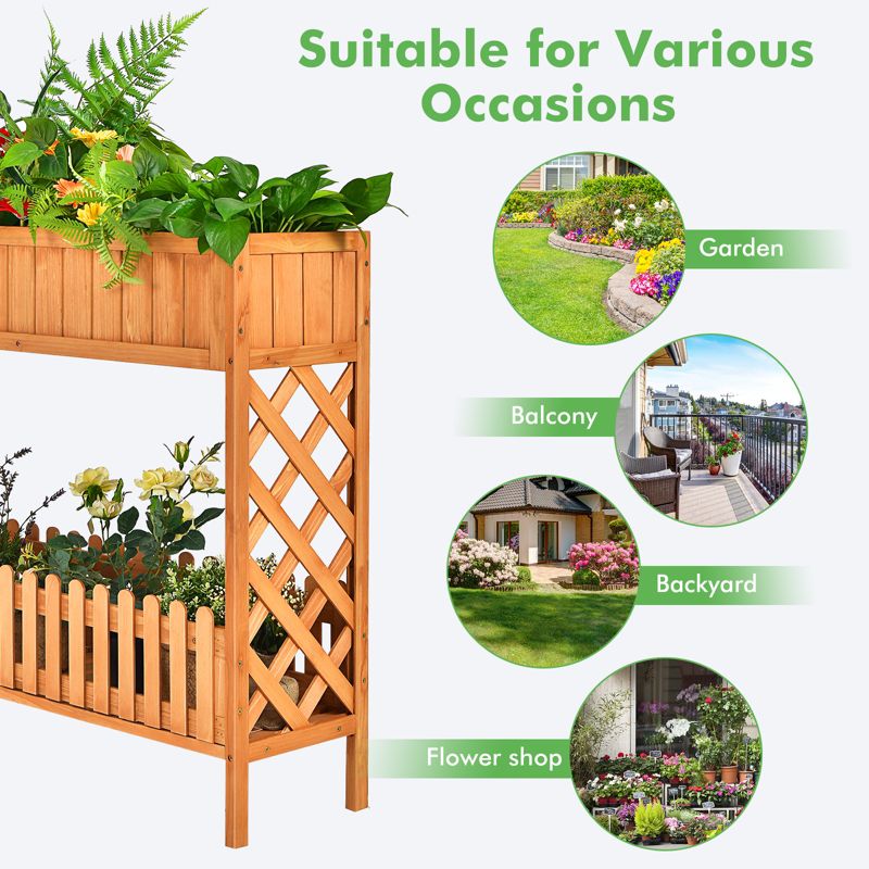 Tangkula Outdoor 2-Tier Wood Planter Raised Garden Bed Elevated Planter Box Kit w/Liner & Shelf for Backyard Patio, 5 of 9