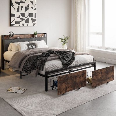 CAVINAS Twin Size Bed Frame, Metal Bed Frame with Storage Headboard & Charging Station, Noise Free