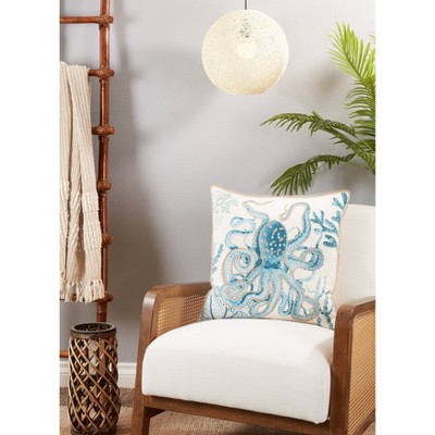 Aqua Blue Cotton Octopus Design 20" Square Throw Pillow Cover