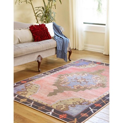 Pink and Brown Rectangular Chenille Easy Care Rug
