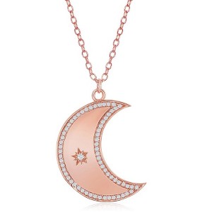 Bella Silver Sterling Silver Crescent Moon with CZ Border & Center Star Necklace - Rose Gold Plated - Rose - 16+2 Inch - 1 of 2