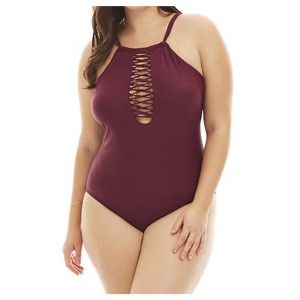Women's Curve Barbados Lace High Neck One Piece Swimsuit - Plus - Raisins - 1 of 2