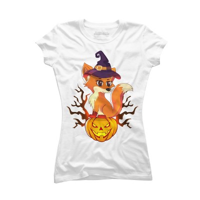 Junior's Design By Humans Cute Witch Fox With Jack O Lantern Halloween Shirt By thebeardstudio T-Shirt