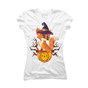 Junior's Design By Humans Cute Witch Fox With Jack O Lantern Halloween Shirt By thebeardstudio T-Shirt - 1 of 3