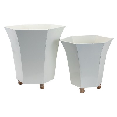 Set of 2 White Enamel Metal Planter with Wood Bead Feet - Foreside Home & Garden