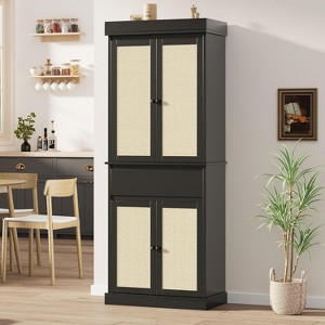Tall Pantry Cabinet, Rattan Kitchen Pantry Storage Cabinet with Drawer, Doors and Adjustable Shelves, for Bathroom, Dining Room, Living Room, Black - 1 of 4