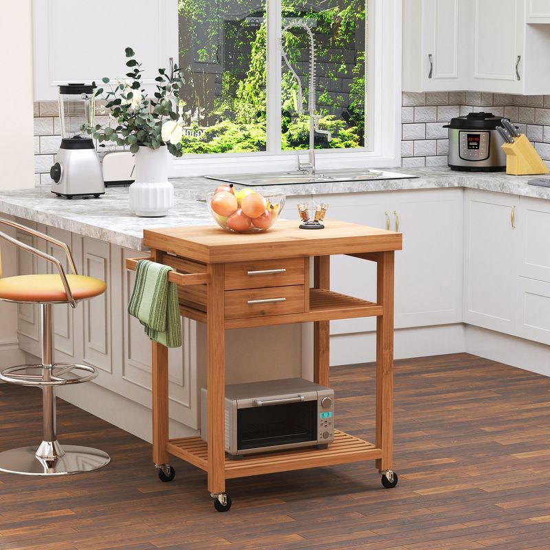 HOMCOM Bamboo Kitchen Island Cart on Wheels, Utility Trolley Cart with 2 Storage Drawers and Open Shelves, Natural, 3 of 7