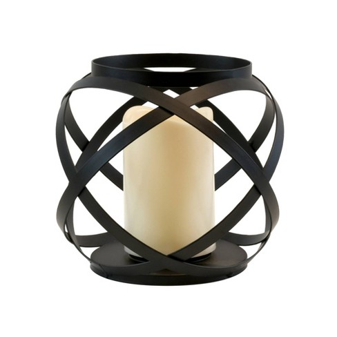 Large Banded Metal LED Lantern With Battery Operated Candle Black - LumaBase - image 1 of 4
