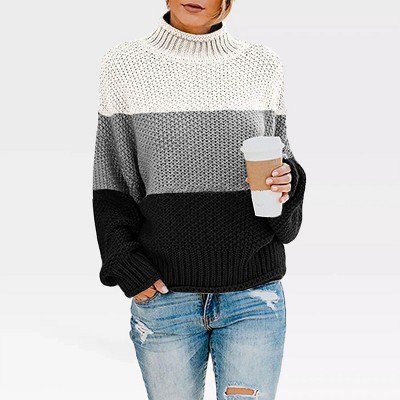 Womens Turtle Neck Sweaters Loose Fit Chunky Pullovers Half Brioche Knit Color Block Sweater Mock Neck Reverse Cuffed Warm Cozy Tops