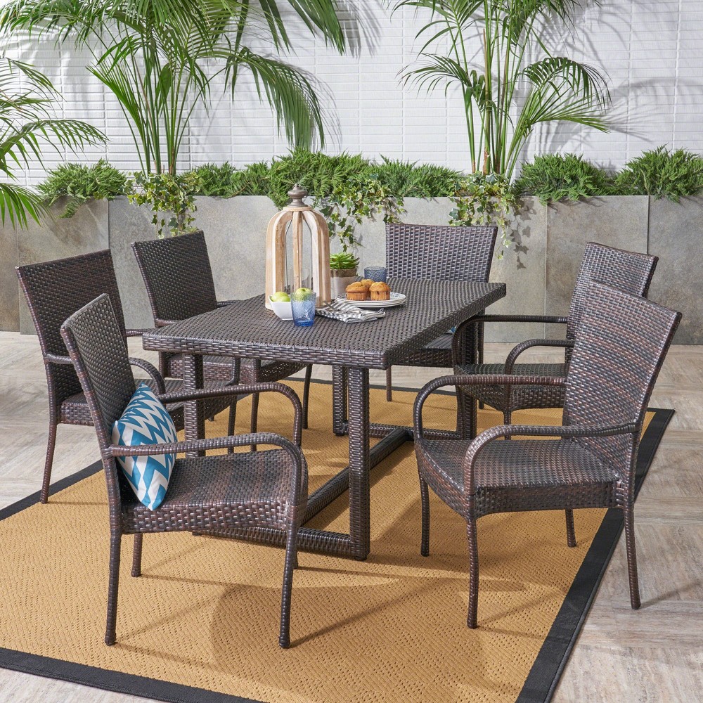 Melville 7pc Wicker Dining Set - Brown - Christopher Knight Home: Weather-Resistant, Galvanized Steel Hardware, Stackable Chairs