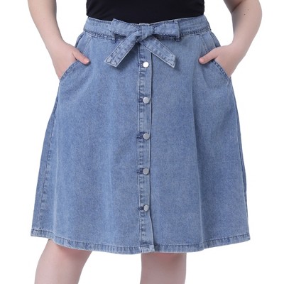 Agnes Orinda Women's Plus Size Denim Tie High Waist Front Button Down A-Line Midi Jeans Skirts