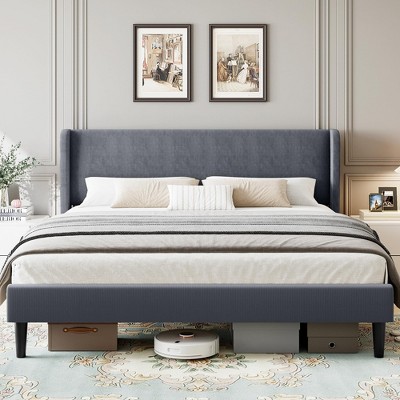 Garvee Queen Upholstered Bed Frame with Wingback Headboard, Luxurious Velvet Upholstery Platform Bed, Wooden Slat Support, Box Spring Optional